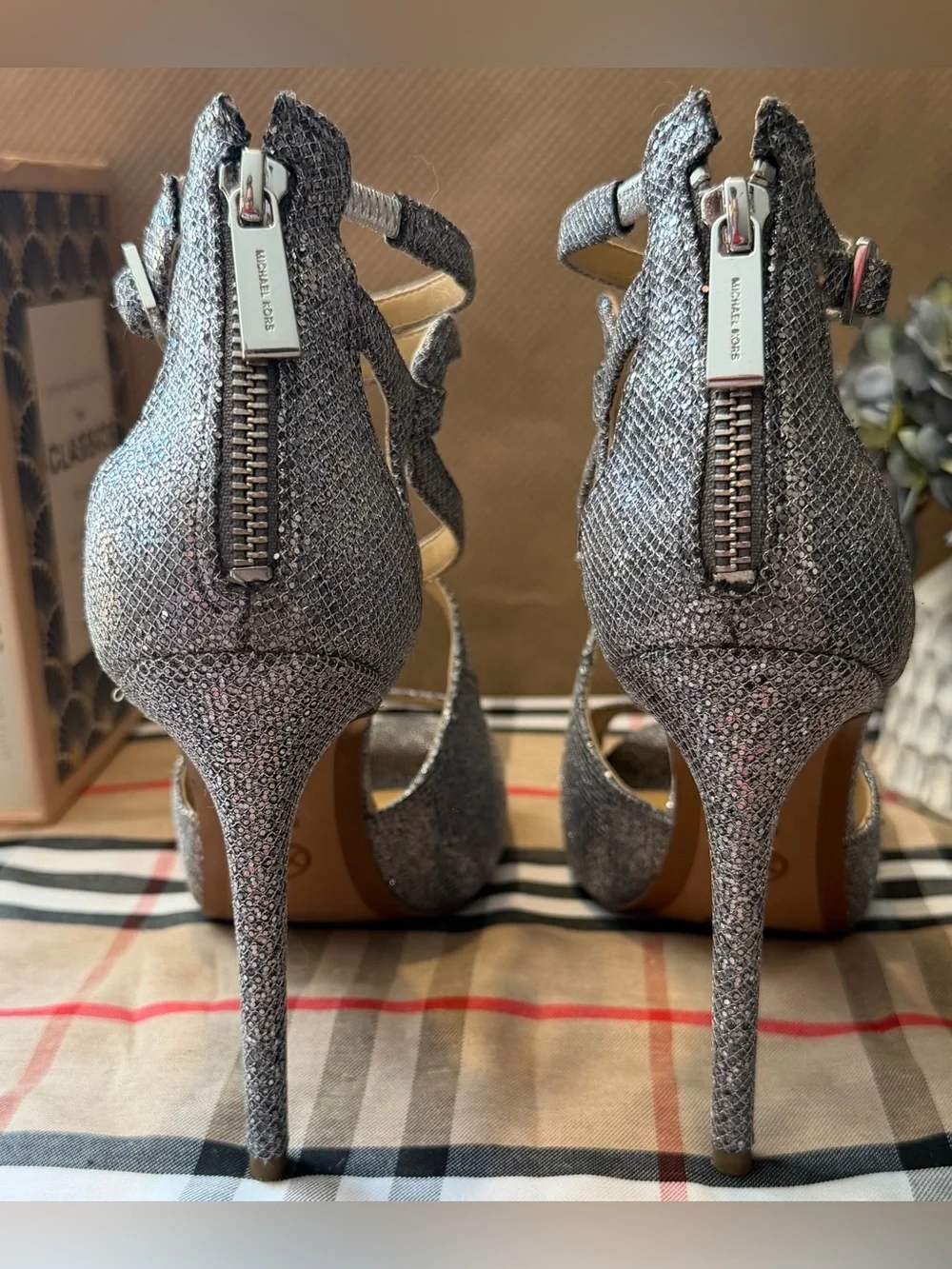 Michael Kors Silver Glitter Strappy Women’s Sandal Stilettos.